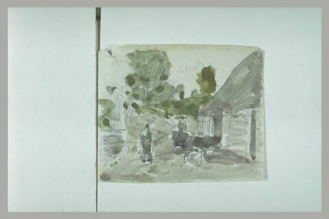 Cour entre des chaumières, derrière des arbres, image 1/1
