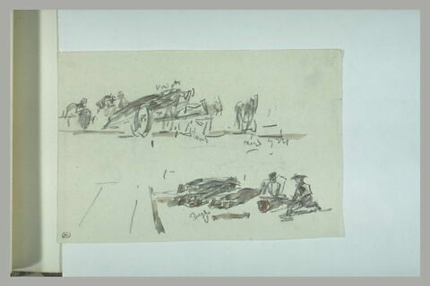 Cheval tirant une charrette, et deux hommes assis, image 1/1