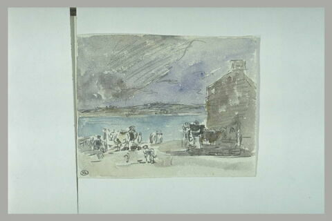 Hommes et bétail au bord d'une rivière ; à droite, une maison, image 1/1