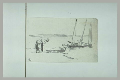 Deux pêcheuses au bord de l'eau,près de deux bateaux, image 1/1