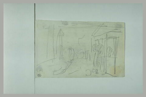 Esquisse sommaire d'une rue ; à droite, un homme devant une porte, image 1/1