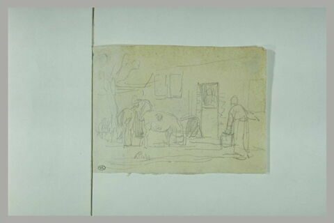 Personnages et animaux dans une cour de ferme, image 1/1