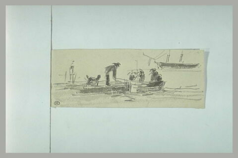 Homme sur un quai regardant des hommes dans une barque, image 1/1
