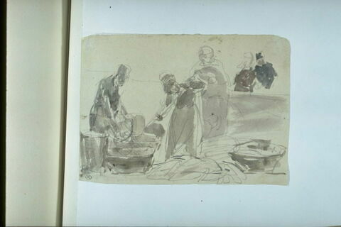 Femmes dans une poissonnerie ; au fond, deux personnages, à mi-corps, image 1/1