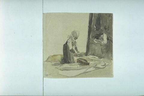 Femme, agenouillée, tamisant du grain ; à droite, femme, assise, endormie, image 1/1