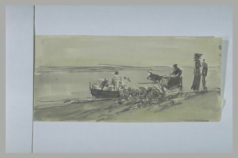 Hommes avec une vache et des moutons, près d'une barque, au bord de l'eau, image 1/1