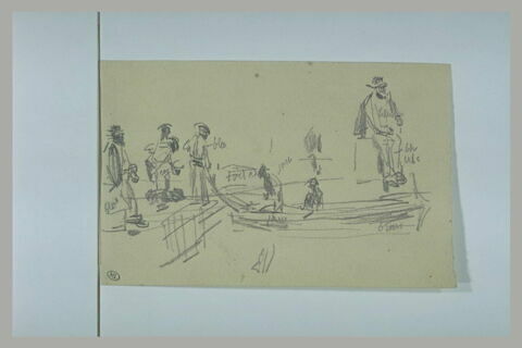 Marins sur un quai qu'une barque aborde, et homme assis, image 1/1