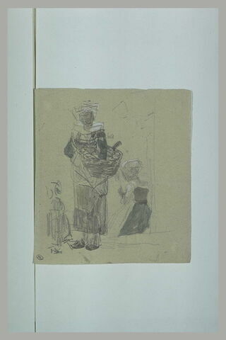 Paysanne bretonne, un panier sous le bras ; paysanne assise et petite fille, image 1/1