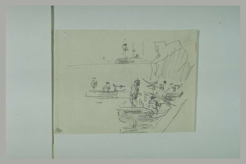 Marins dans une barque accostant près d'un rocher, image 1/1