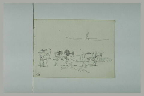 Deux chevaux en flèche, attelés à une charrette, image 1/1