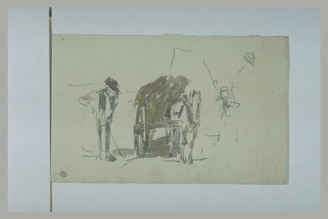 Cheval attelé à une charrette et, à gauche, un homme, image 1/1