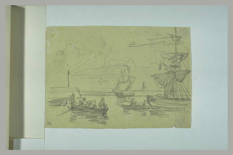 Voiliers dans un bassin à flot ; canots avec des marins, image 1/1
