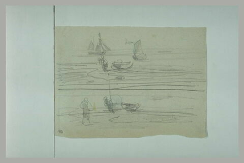 Deux études de bord de mer : voilier ; barque ; femmes travaillant, image 1/1