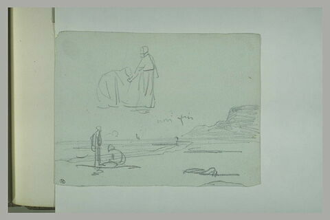 Vue de bord de mer avec deux figures ; études de deux figures