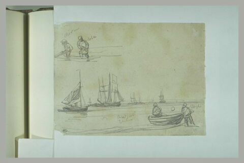 Pêcheurs, à mi-corps, dans l'eau ; homme poussant une barque à l'eau, image 1/1
