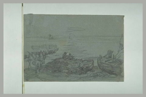 Canots échoués sur des pierres ; femme à cheval ; plus loin, brise-lames, image 1/1