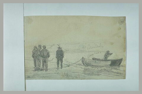 Quatre marins sur la plage, et deux canots, image 1/1
