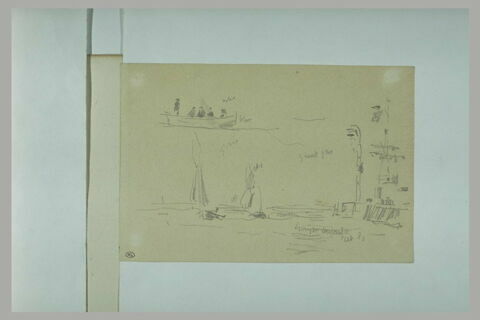 Canot avec cinq marins ; voiliers louvoyant, image 1/1