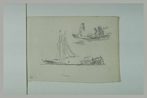 Barque de pêche ; deux personnes dans une barque plate conduite par un marin, image 1/1