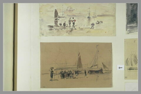 Nombreuses figures sur une plage, autour de bateaux de pêche, image 1/1