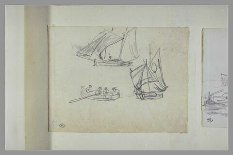 Trois croquis : deux de bateaux à voiles et un de canot à rameurs, image 1/1