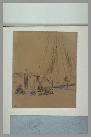 Figures en partie assises sur un quai près d'un voilier, image 1/1