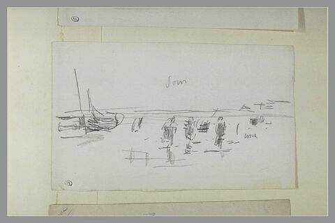 Plusieurs personnages sur une plage ; à gauche, un navire échoué, image 1/1