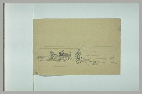 Femme debout sur une plage, et figure près d'un canot, image 1/1