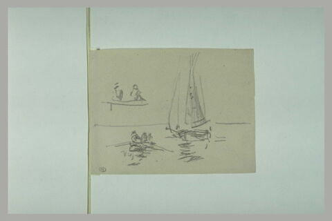 Deux hommes sur un canot s'approchant d'une barque