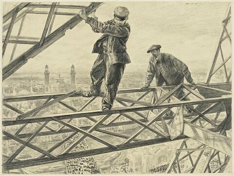 Deux ouvriers sur les fermes en fer de la Tour Eiffel, image 1/2