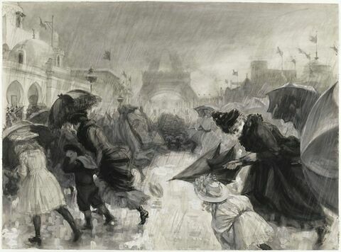Visiteurs à l'exposition de 1900 sous une pluie torrentielle