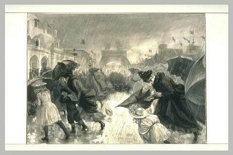 Visiteurs à l'exposition de 1900 sous une pluie torrentielle, image 2/2