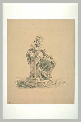 Femme vêtue à la romaine assise, tenant à la main une petite amphore