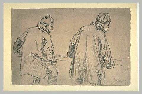 Etude de deux hommes en blouses, de dos, transportant une poutre