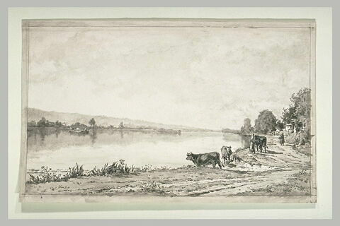 Paysage de rivière avec une femme et trois vaches, image 1/1