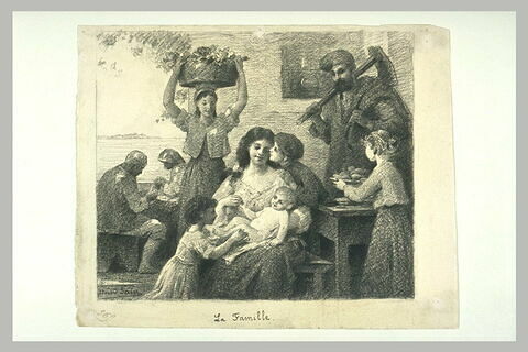 Femme assise, entourée de trois enfants, tout autour, plusieurs personnages
