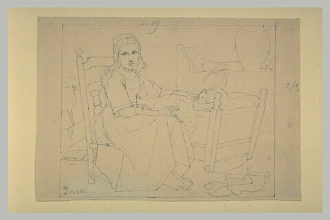Jeune fille assise près d'un berceau