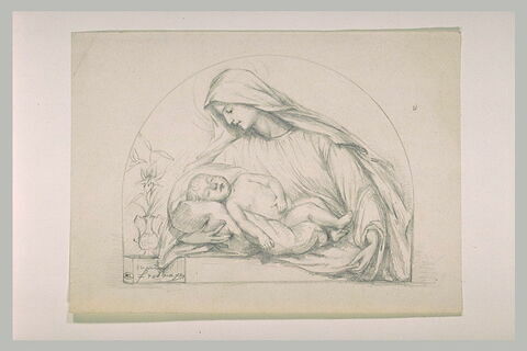 Vierge, vue à mi-corps, et l'Enfant sur un coussin