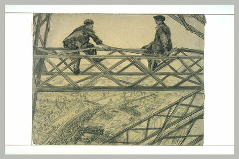 Deux ouvriers assis sur une ferme de la Tour Eiffel, image 1/1