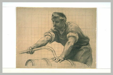 Ouvrier remplissant un fût à l'aide d'un tuyau, image 2/2