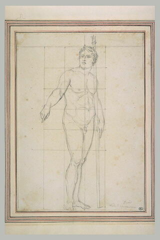 Homme nu, debout, vu de face, tenant une lance de la main gauche, image 1/1