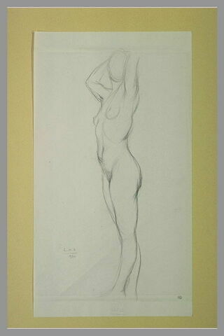Femme nue, de profil à gauche, levant les bras