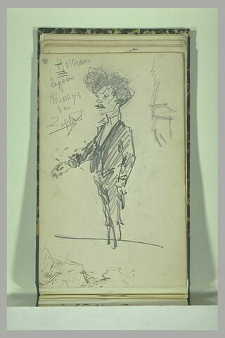 Figure à mi-corps ; un personnage caricaturé, debout ; notes manuscrites, image 1/2