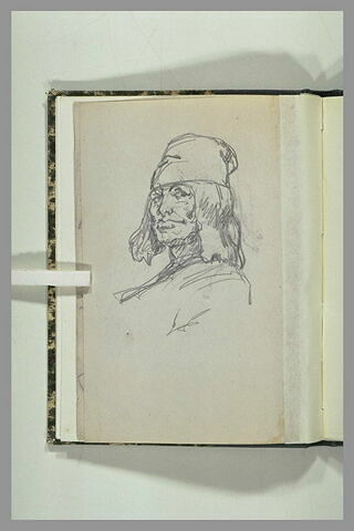 Portrait d'un homme, vu de trois quarts, coiffé d'un bonnet, image 1/1