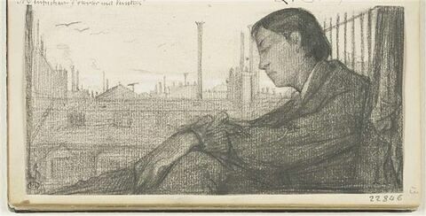 Jeune homme rêvant, à une fenêtre de ville, image 3/3