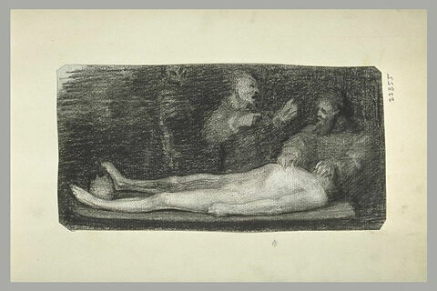 Deux hommes examinant un cadavre, image 2/2