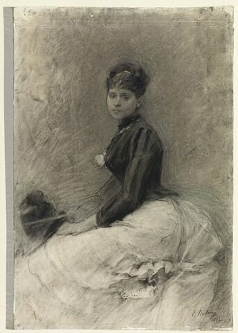 Portrait de femme assise, de profil vers la gauche, le visage de face