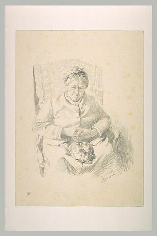 Vieille dame assise sur un fauteuil, de face, un chat sur les genoux, image 2/2