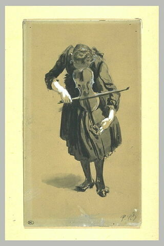 Jeune fille, vue de face, le buste penché en avant, accordant un violon, image 1/1