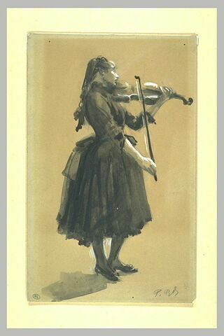 Jeune fille debout, vue de profil à droite, jouant du violon, image 1/1